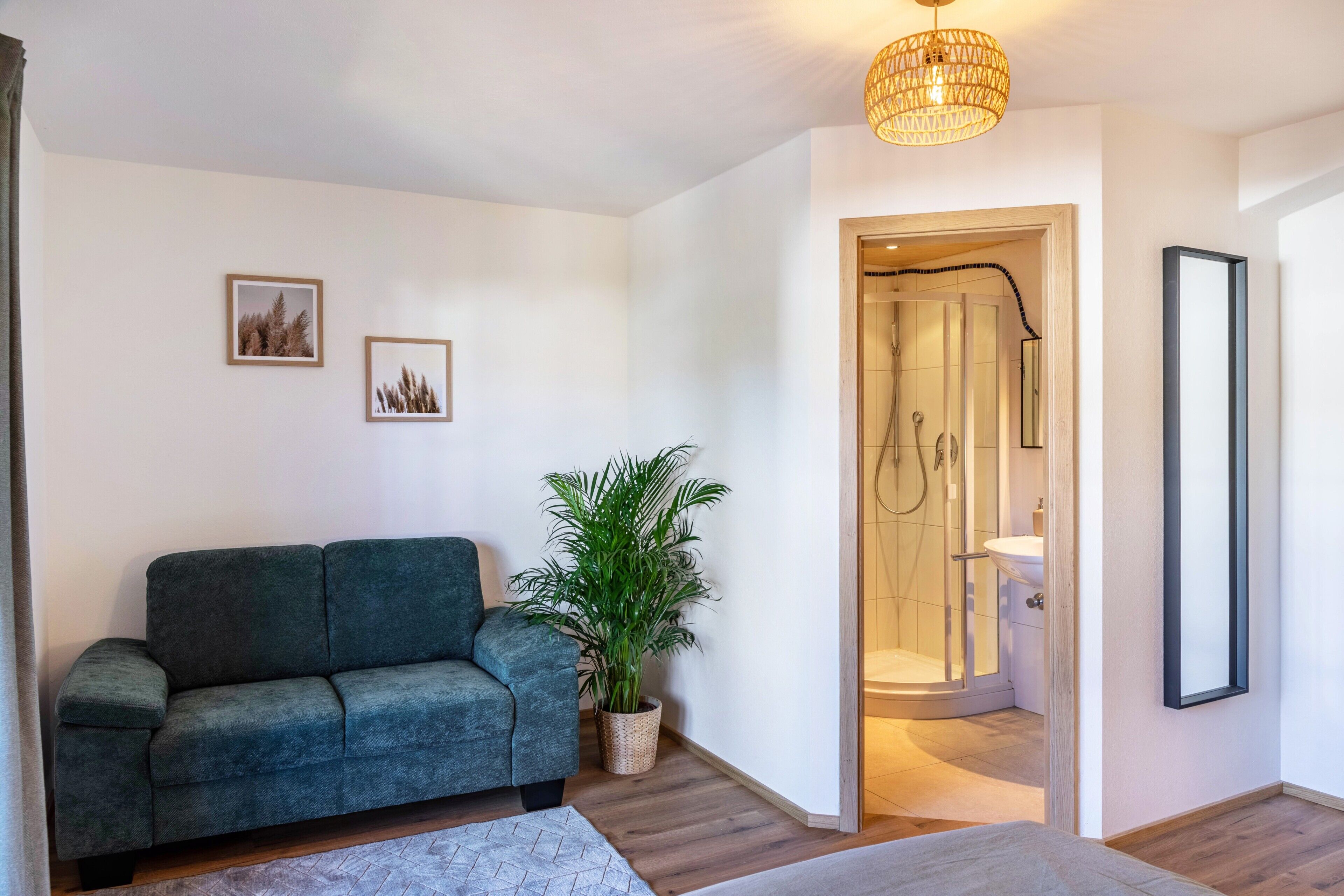 A modern living room with a sofa, a potted plant, and a shower area visible through an open door.