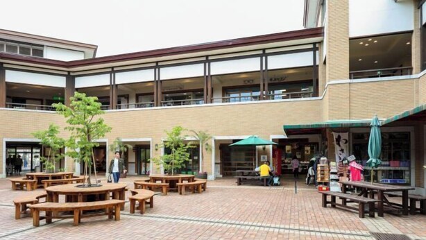 Une cour extérieure dotée de bancs et de tables en bois, entourée d’un bâtiment aux grandes fenêtres et à la façade en briques.