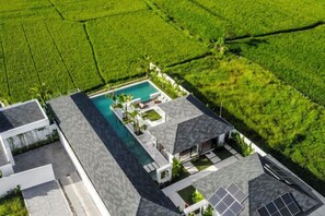 A modern house with a swimming pool, surrounded by lush green fields. - Villa Nature View by BaliSuperHost (Bali)