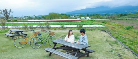 A picnic table with two people sitting at it, surrounded by grass and a bicycle.