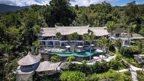Un complejo turístico con varias edificaciones, piscina y abundante vegetación.