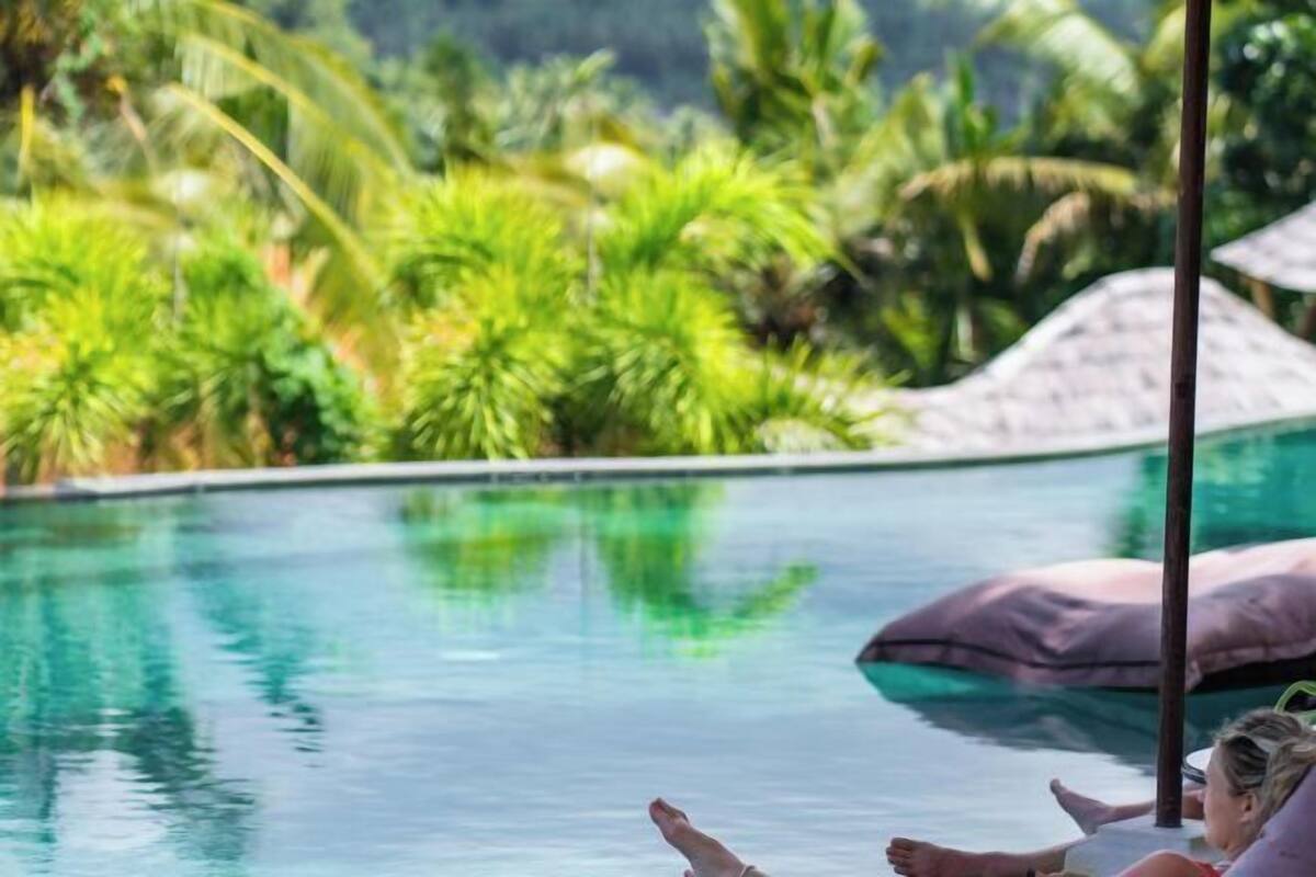 A clear view of a swimming pool with a person relaxing on a lounge chair, surrounded by lush greenery.