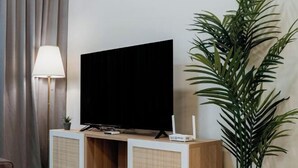 Una sala de estar moderna con un televisor de pantalla plana sobre un soporte de madera, una lámpara y una planta grande en maceta.