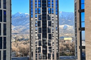 A high-rise building with multiple floors, large windows, and a view of snow-capped mountains in the background. - Comfort City (Almaty)