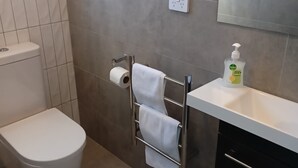 Un baño con inodoro, toallero, lavamanos con dispensador de jabón y espejo en la pared.
