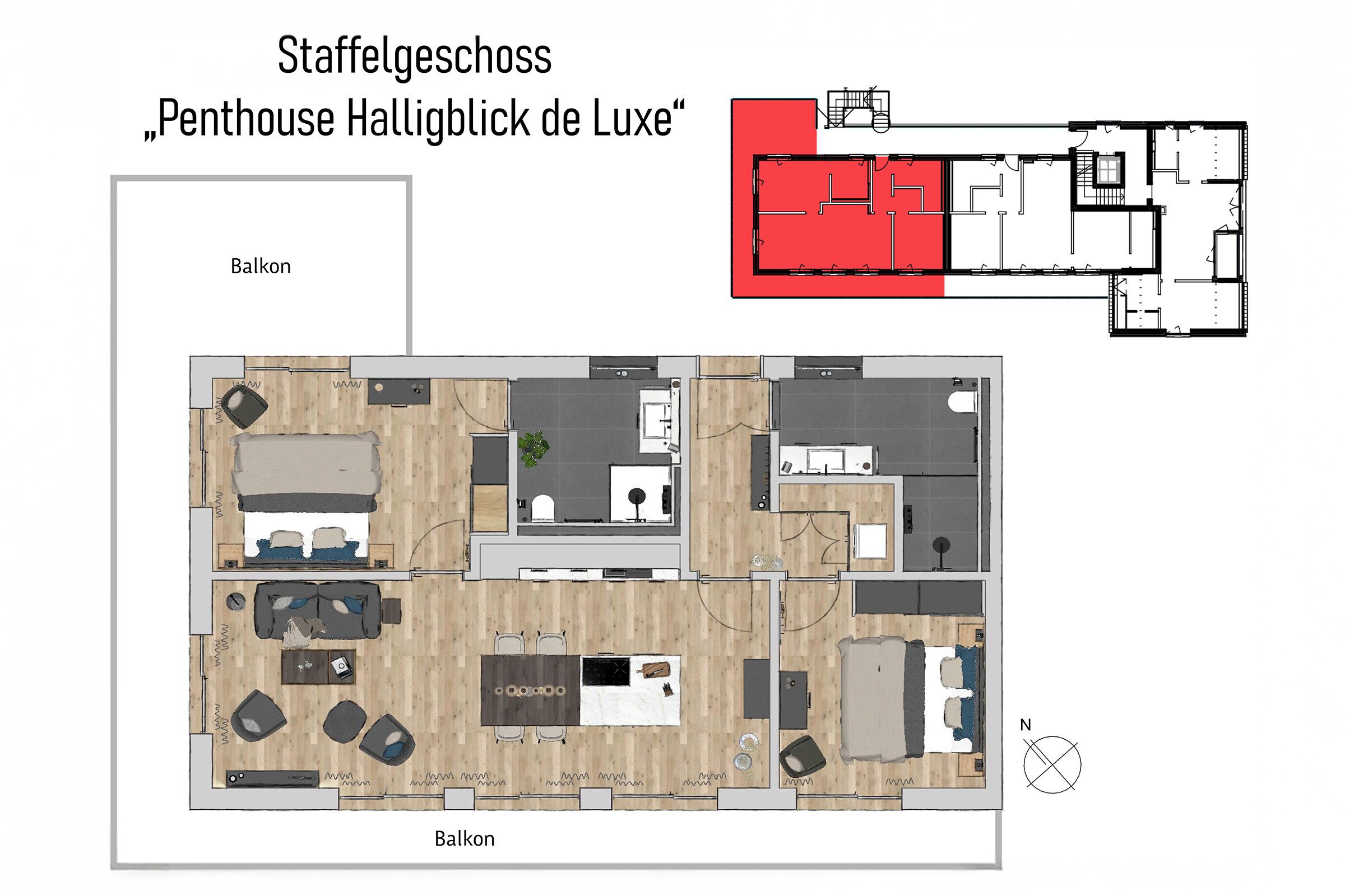 Plano de planta de una residencia para empleados, con balcón, cocina, comedor y sala de estar.
