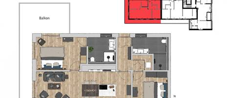 Plano de planta de una residencia para empleados, con balcón, cocina, comedor y sala de estar.