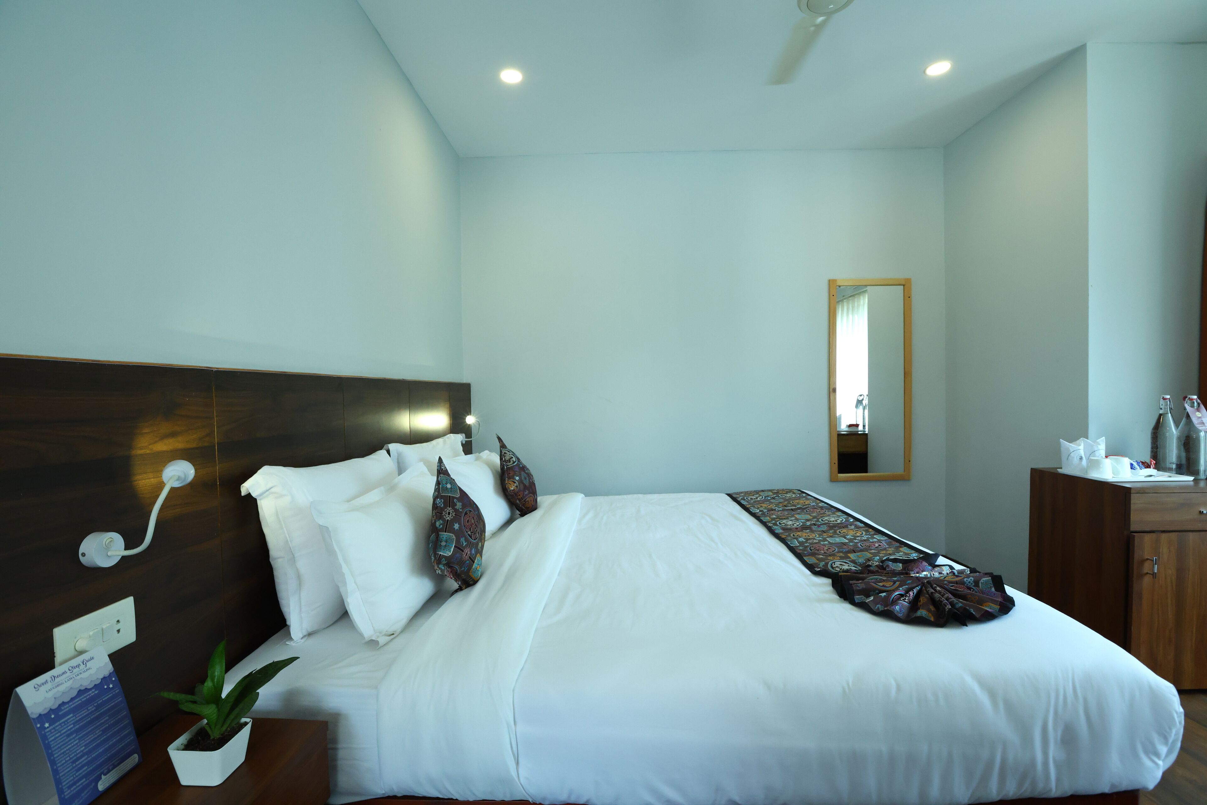 A neatly made bed with white linens and decorative pillows, a bedside table with a plant, a mirror on the wall, and a wooden dresser with toiletries.