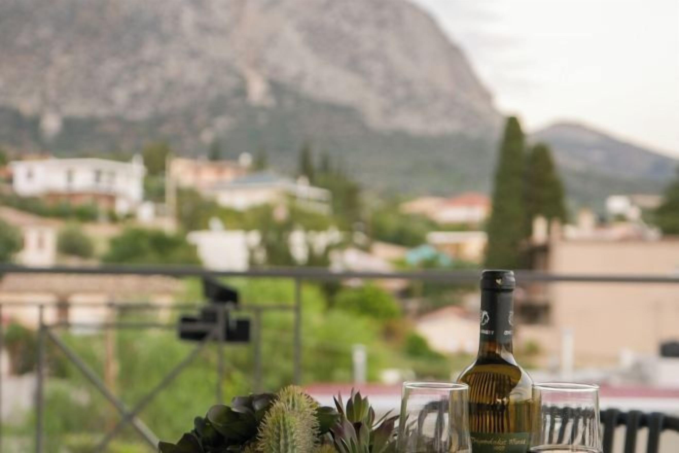 Un tavolo con una bottiglia e dei bicchieri, un cactus e vista su un paesaggio montuoso.