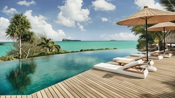 Une piscine à débordement avec une terrasse en bois, des chaises longues et des parasols, offrant une vue imprenable sur une mer turquoise et un ciel dégagé.
