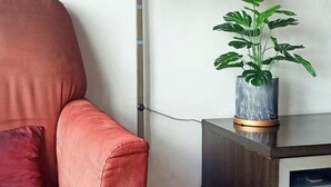 Una habitación con un sofá rojo, una mesita de madera con una planta y un televisor fijado a la pared.