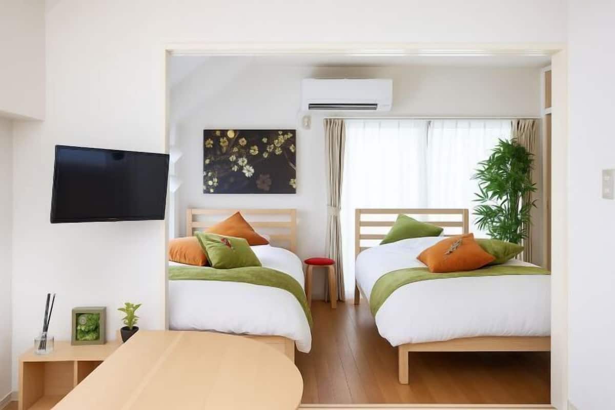 Habitación de hotel con dos camas, televisión, aire acondicionado, ventana con cortinas y una mesita con una planta.
