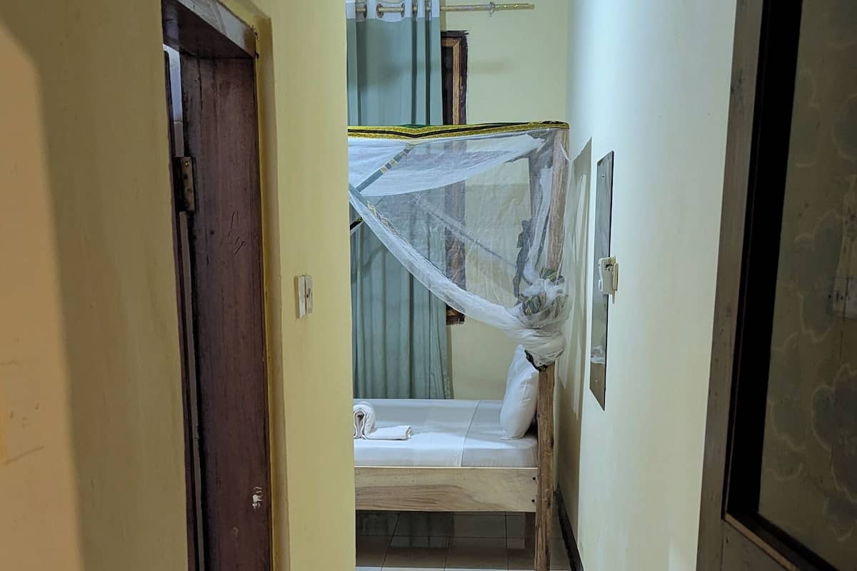 A narrow hallway with a bed, a mosquito net, and a door.