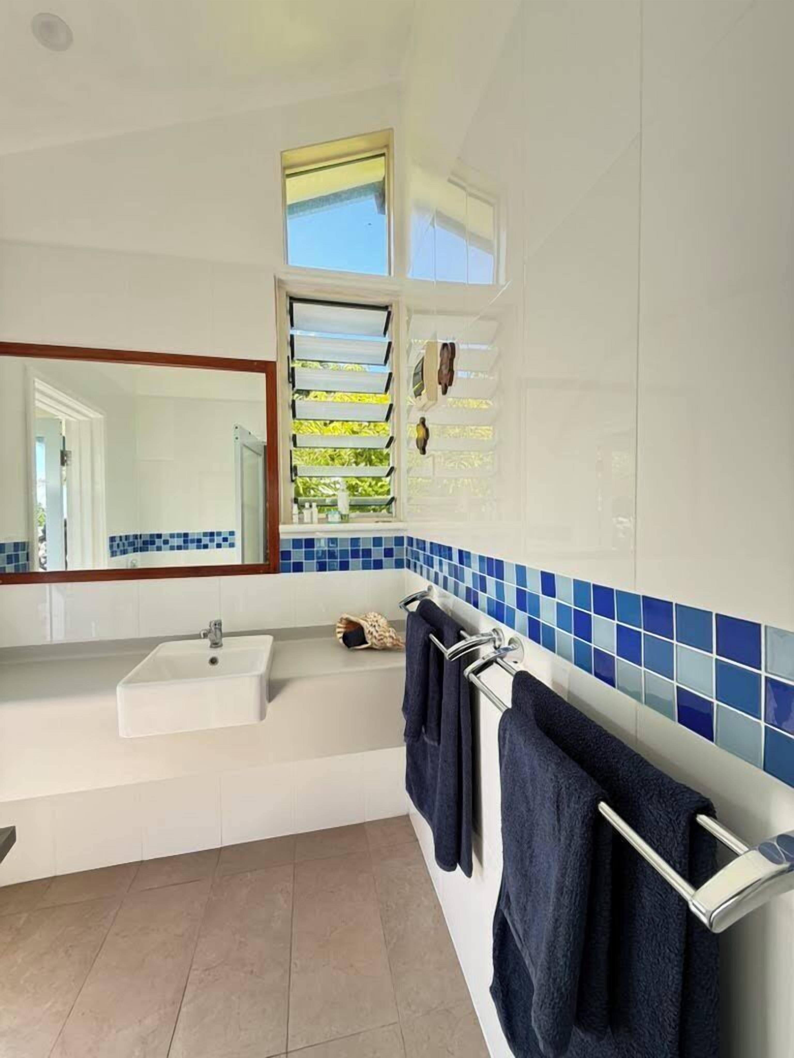 Hair dryer, towels, soap, shampoo