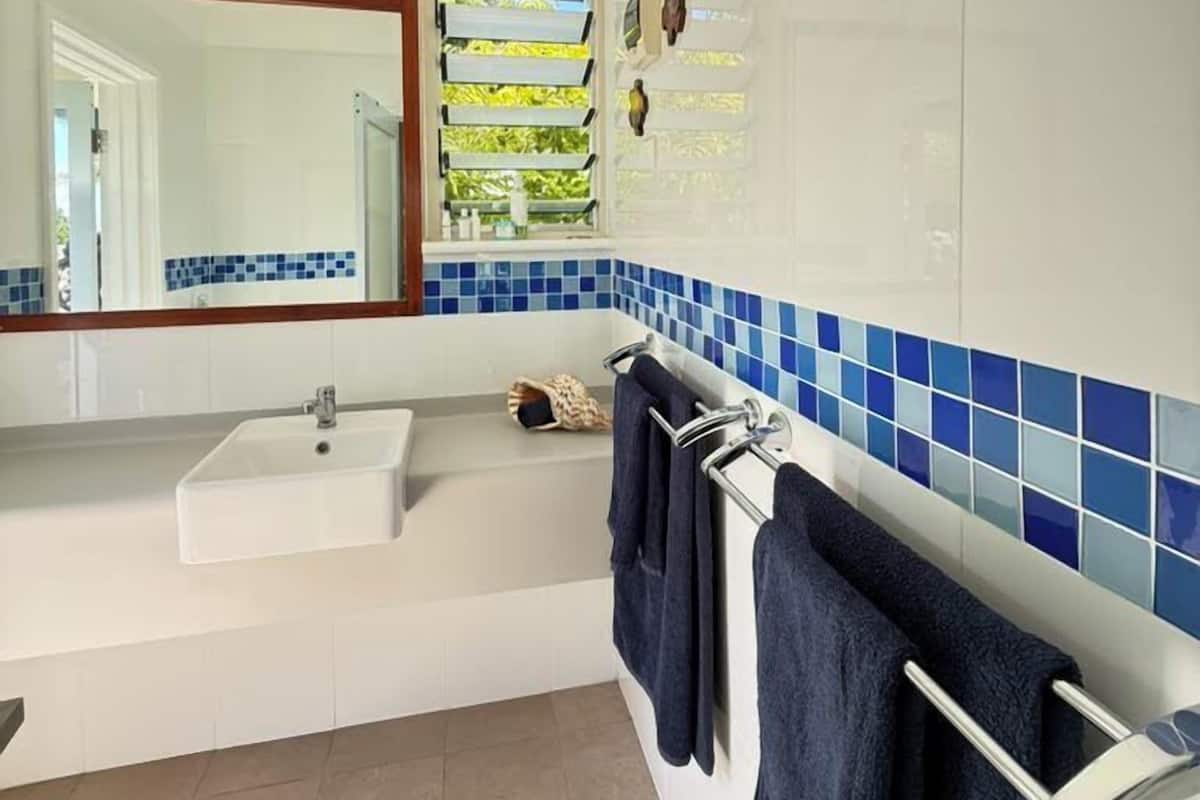 Hair dryer, towels, soap, shampoo