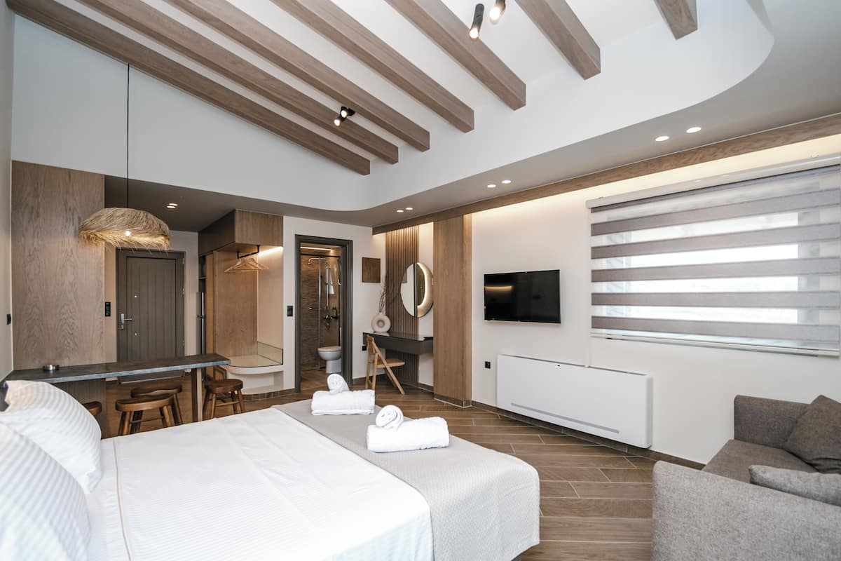 A modern hotel room with a large bed, a desk, a shower area, and a TV.