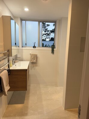 Shower, hair dryer, towels, soap