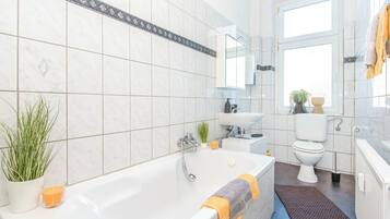 Hair dryer, towels, toilet paper
