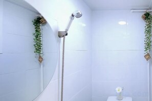 Casa de banho com chuveiro, sanita e uma pequena planta na parede.