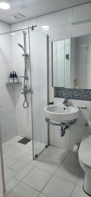 Shower, hair dryer, towels, soap