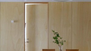 A room with a wooden door, a small table with a plant, and a white ceiling light. - TokyoPan B&B (Tokyo)