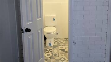 Shower, towels, soap, toilet paper