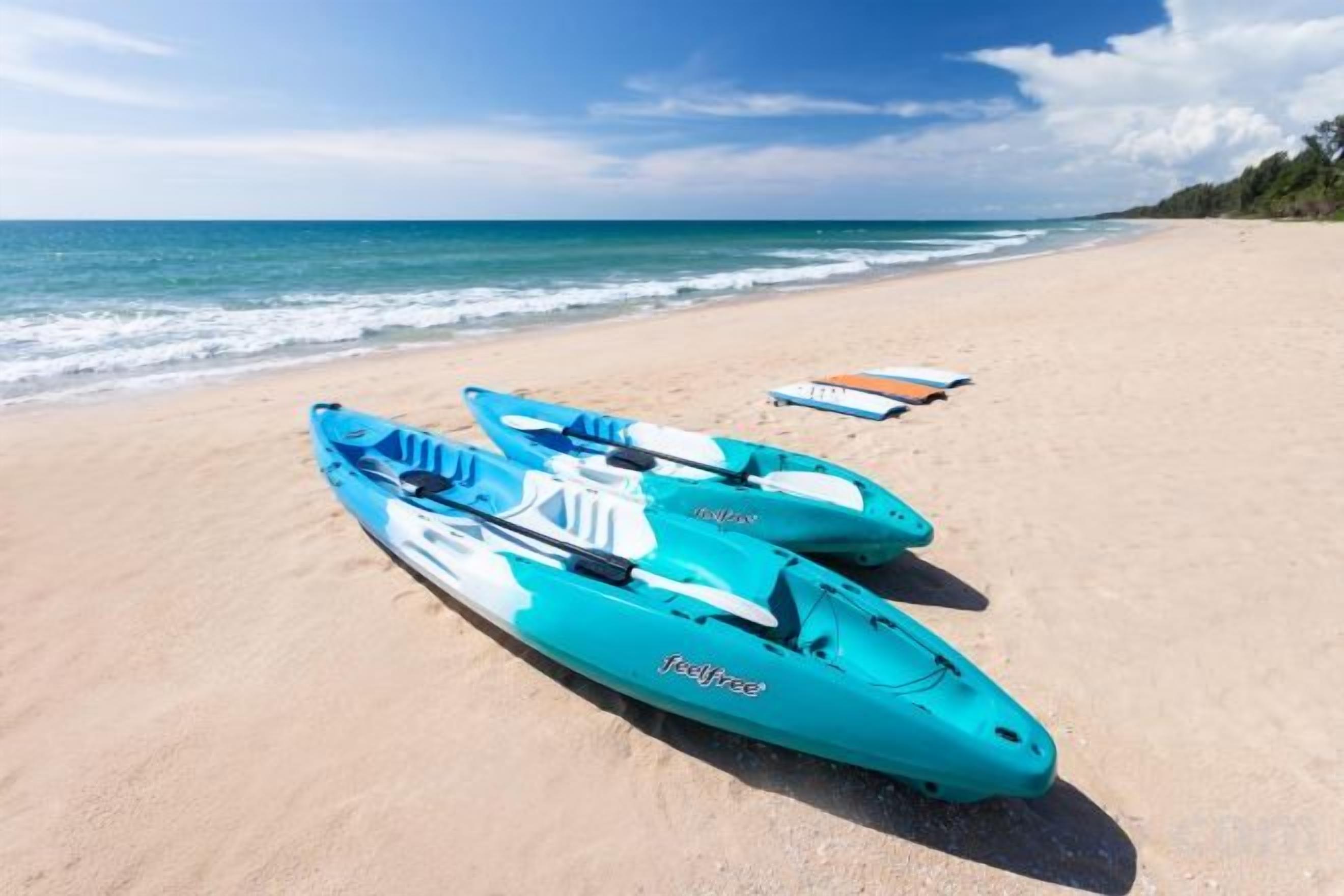 Two blue kayaks on a sandy beach with the ocean in the background.