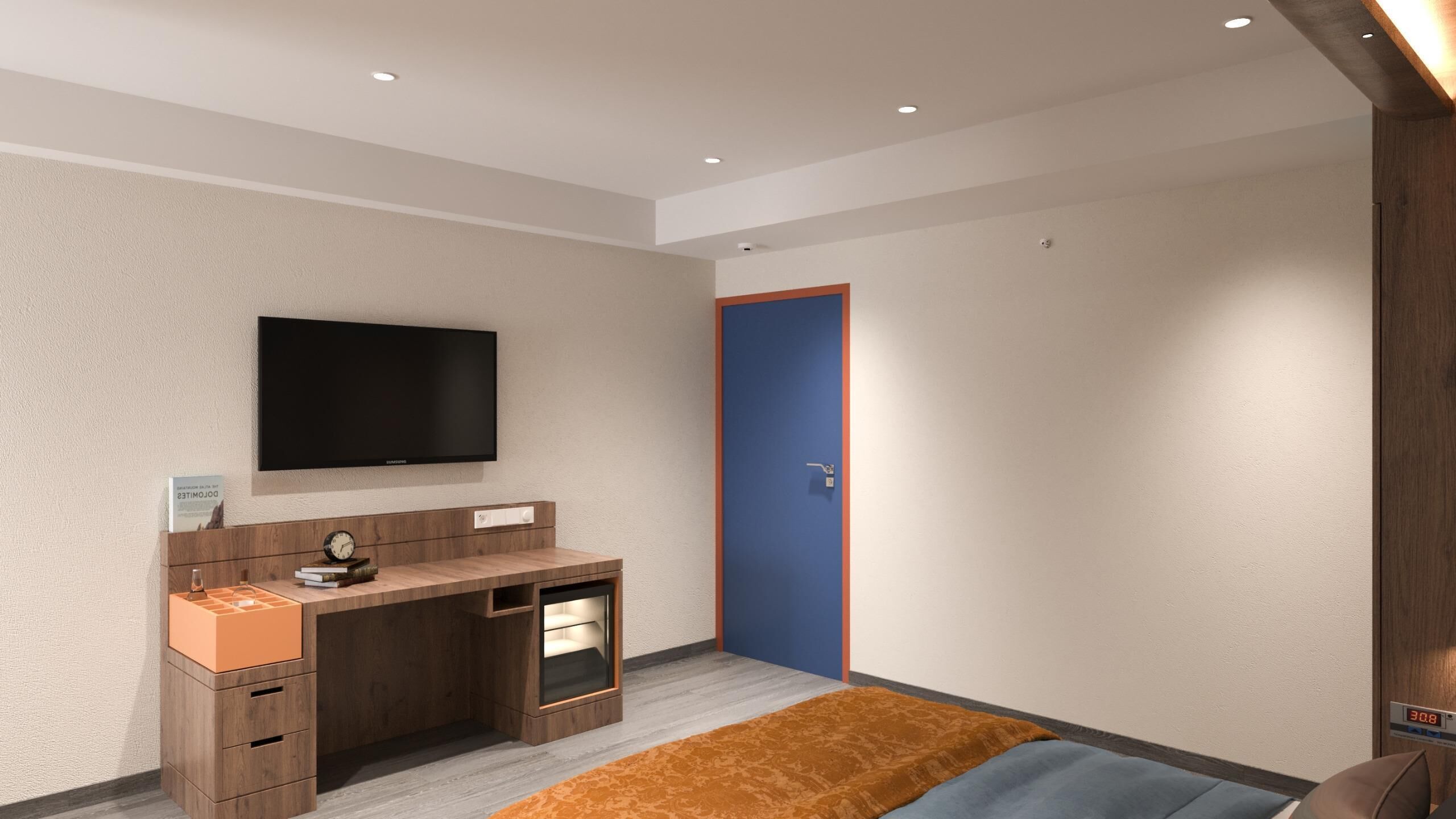 A modern bedroom with a flat-screen TV, a wooden desk with drawers, a bookshelf, and a blue door.