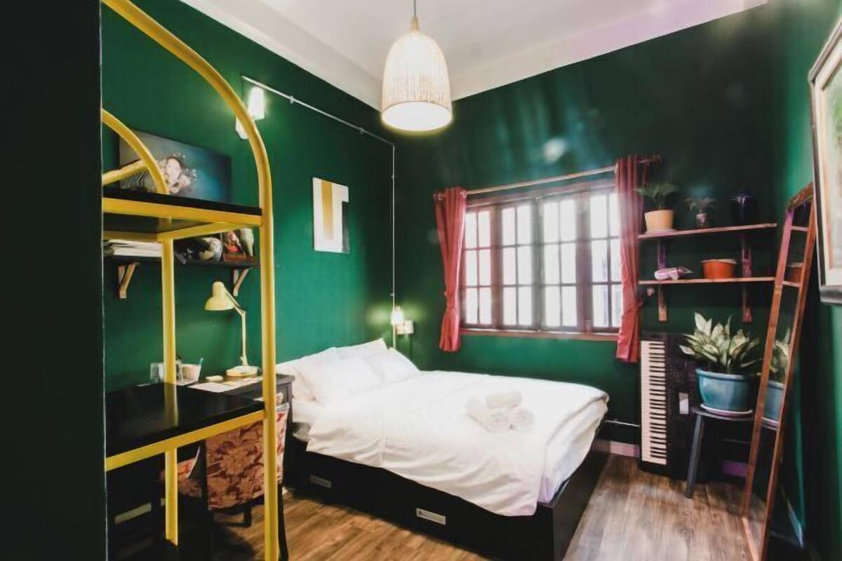 A room with a bunk bed, a desk with a lamp, a window with curtains, and shelves with plants.
