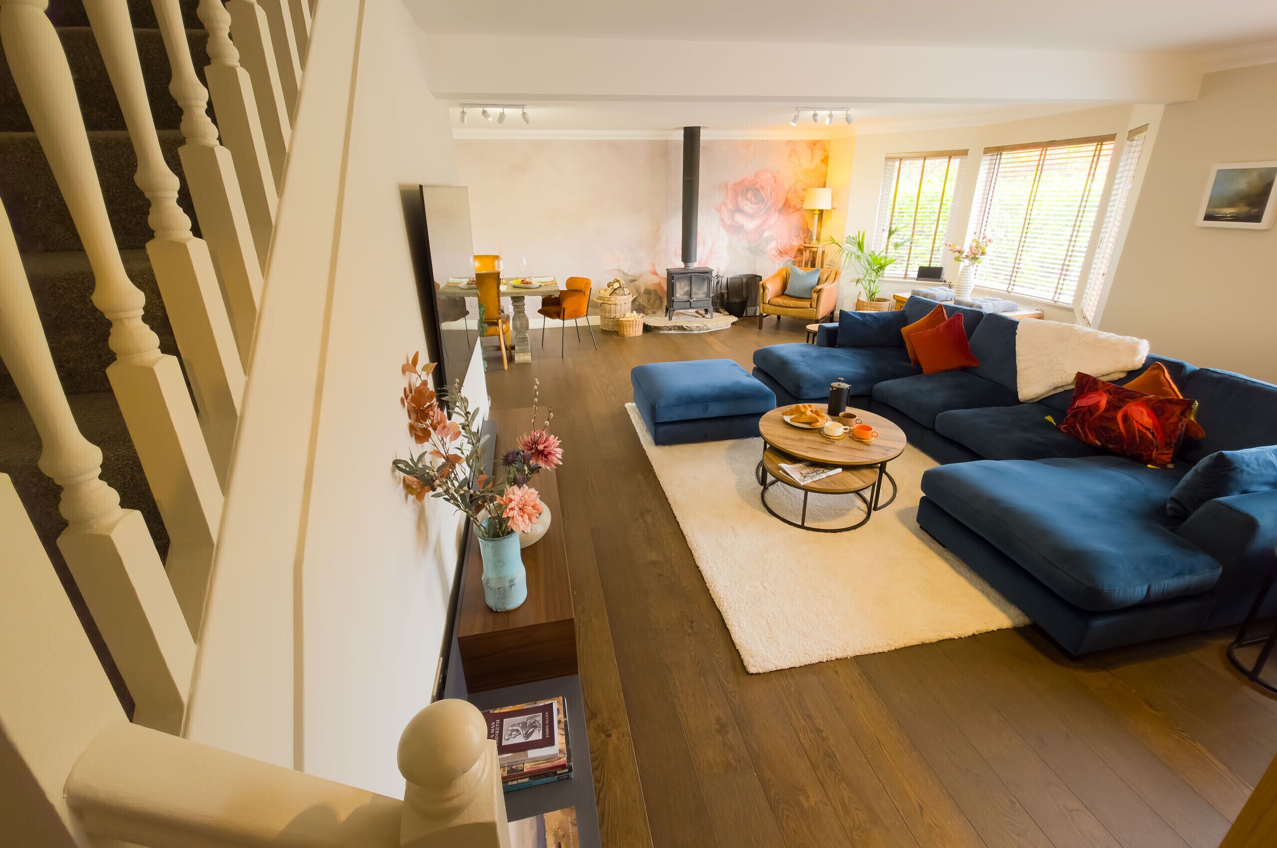 TV, fireplace, books, stereo