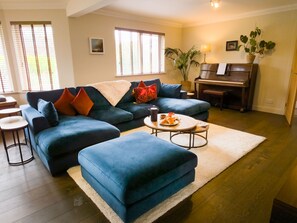 TV, fireplace, books, stereo