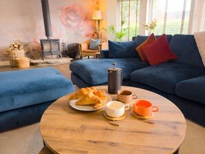 TV, fireplace, books, stereo