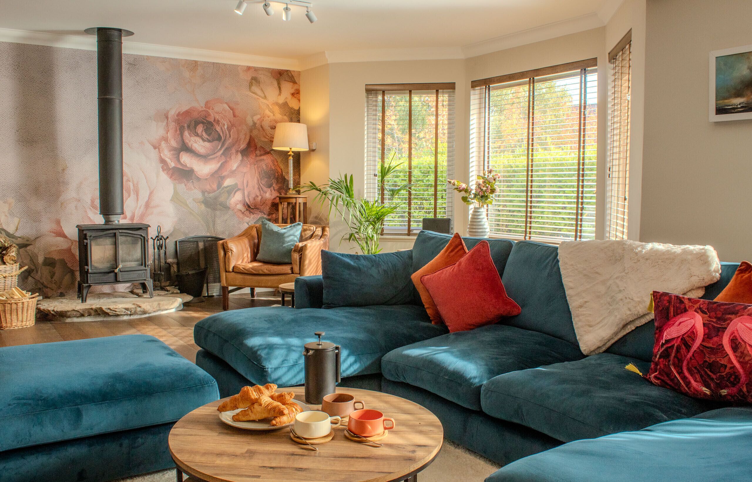 TV, fireplace, books, stereo