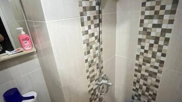 A bathroom with a shower, toilet, and a mirror.