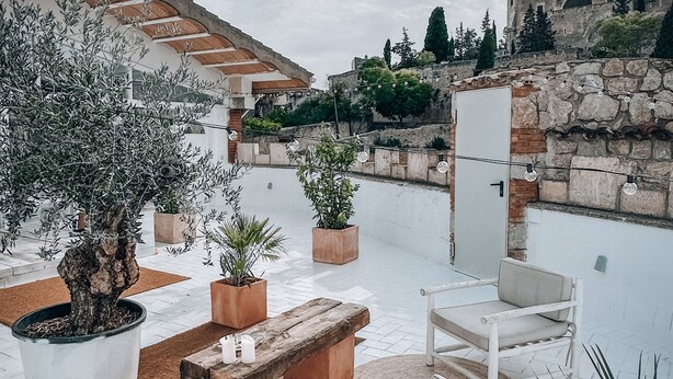 Un espacio al aire libre con plantas en macetas, una pared de piedra y vistas a un edificio histórico.