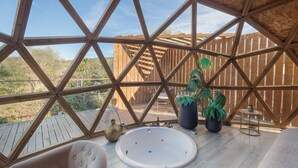 A geodesic dome structure with a wooden deck, a hot tub, and potted plants.