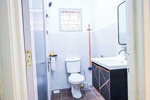 Un baño pequeño con inodoro, lavabo y zona de ducha.