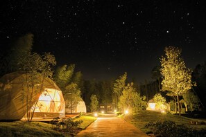 Scena notturna con diverse tende a forma di cupola illuminate da luci artificiali, immerse in un'area boschiva con un sentiero ben definito che conduce a un edificio centrale.
