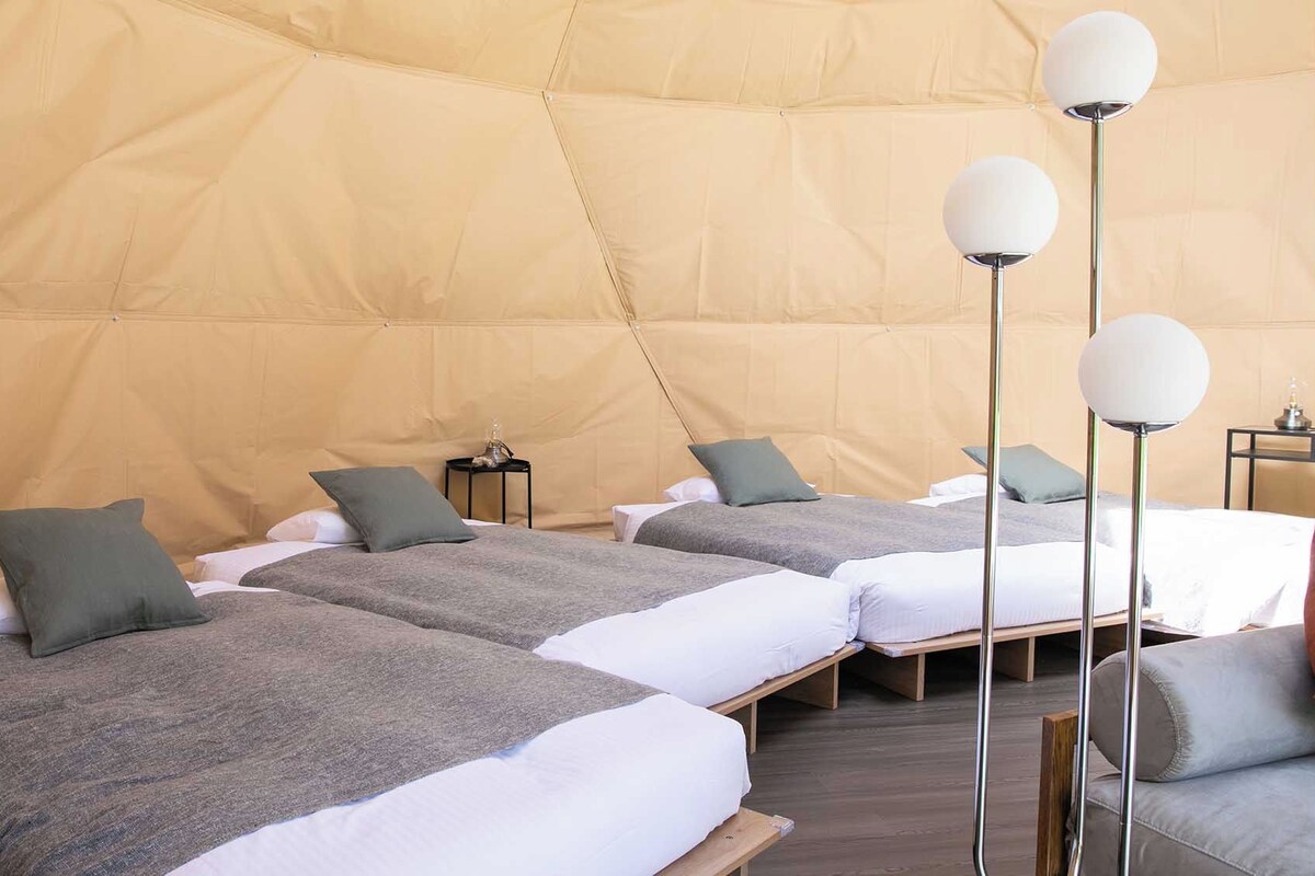 A tented accommodation with four beds, each with a grey blanket and pillows, and a small table with a lamp.