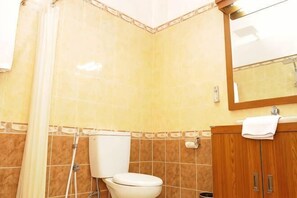 A bathroom with a toilet, shower, and wooden cabinets.