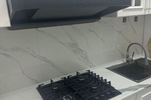 Una cocina con estufa a gas, un lavamanos y un salpicadero de mármol.