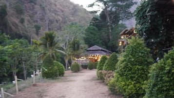 A pathway leading to a building surrounded by lush greenery and a hill in the background.