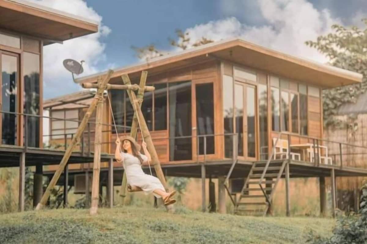 Eine moderne Holzhütte mit großen Fenstern und einer Schaukel.