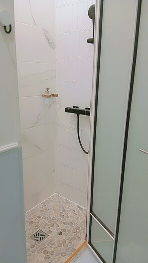 Sèche-cheveux, serviettes fournies, savon, papier toilette