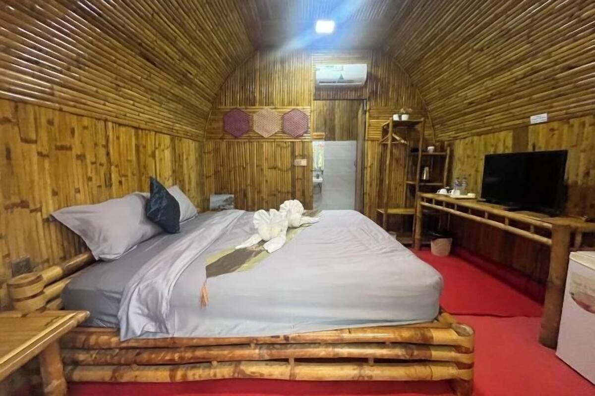 Une chambre avec un lit, une télévision et une moquette rouge.