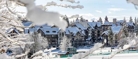 A snow-covered building complex with multiple structures, including a large hotel with several stories and a smaller building with a green roof.