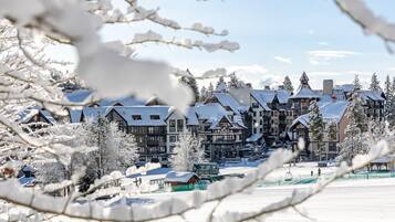 Een gebouwcomplex bedekt met sneeuw, met meerdere gebouwen, waaronder een groot hotel met verschillende verdiepingen en een kleiner gebouw met een groen dak.