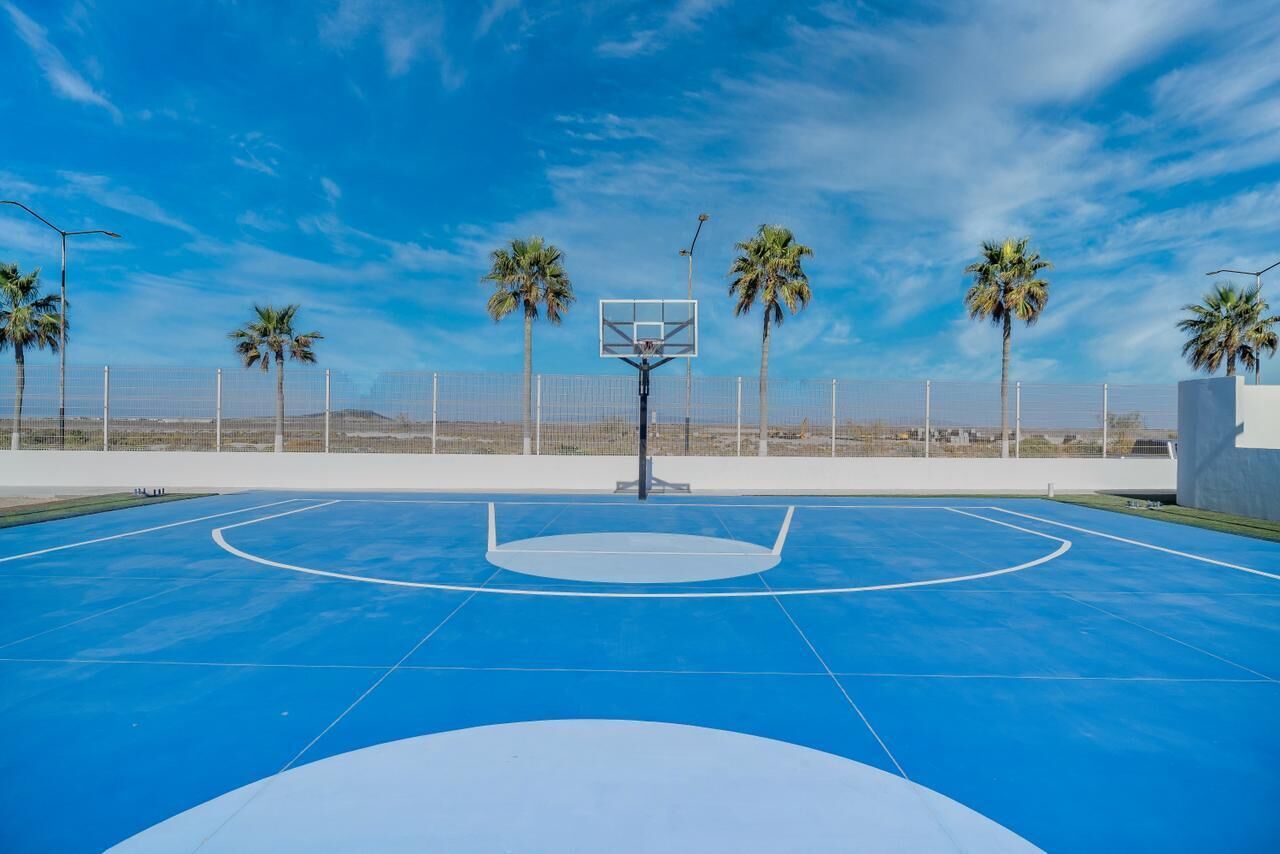 An outdoor basketball court with a blue surface, surrounded by a fence, palm trees, and a clear sky.