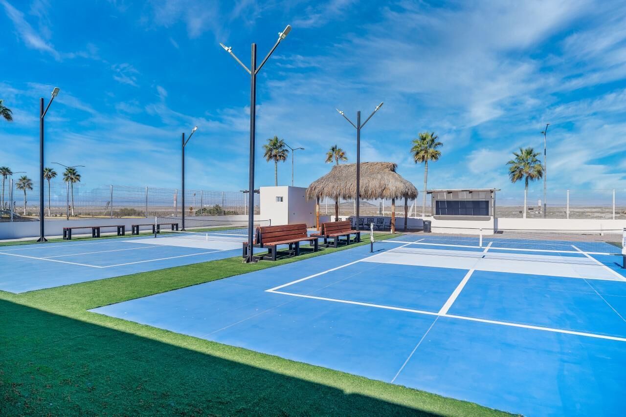 Ein Tennisplatz mit Bänken, einer strohgedeckten Konstruktion und Palmen.