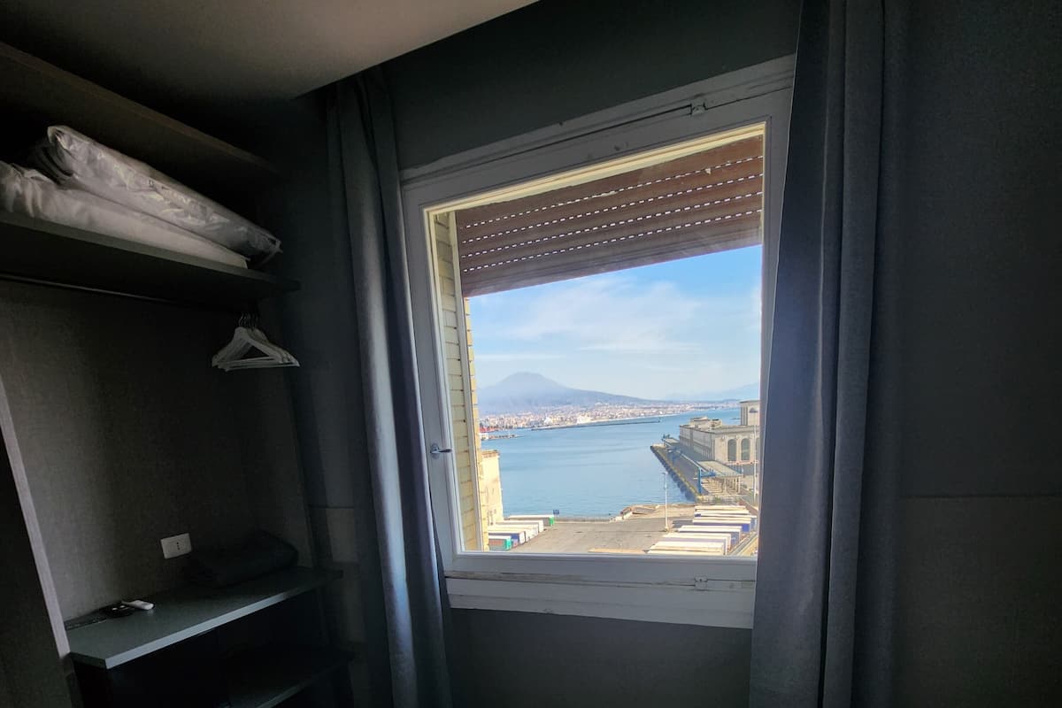Habitación de hotel con cama, televisor, ventana con vista a un cuerpo de agua y edificios, y estante con ropa doblada.